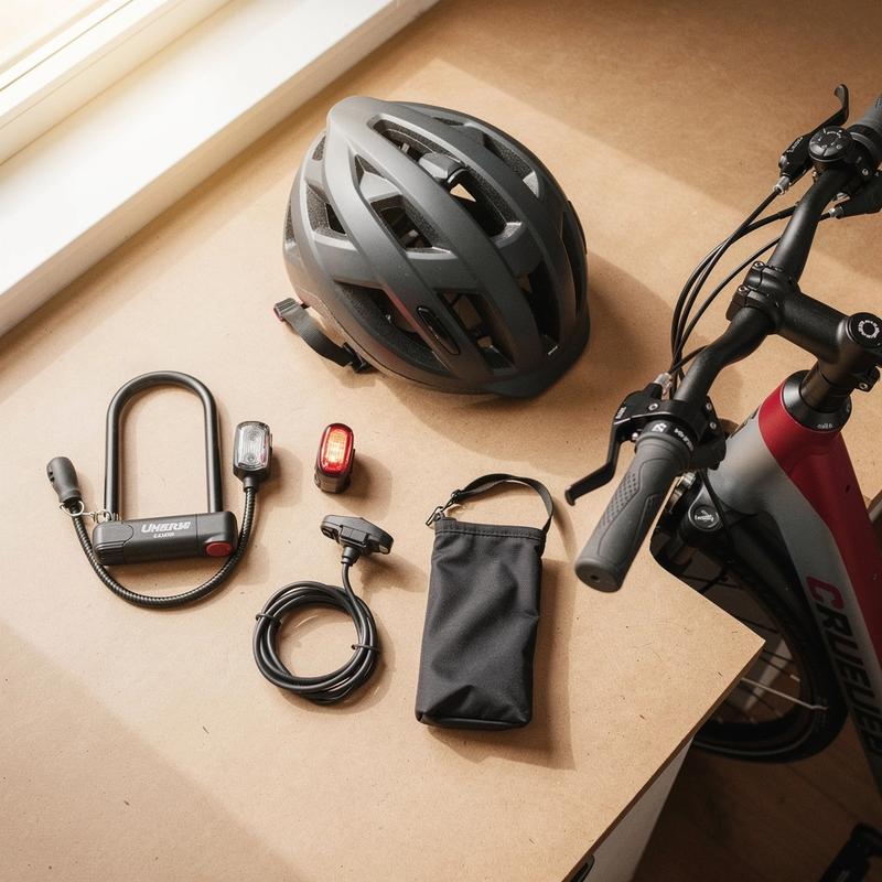 Helmet, U-lock, lights and puncture kit laid out beside an e-bike at the Kyiv pickup counter