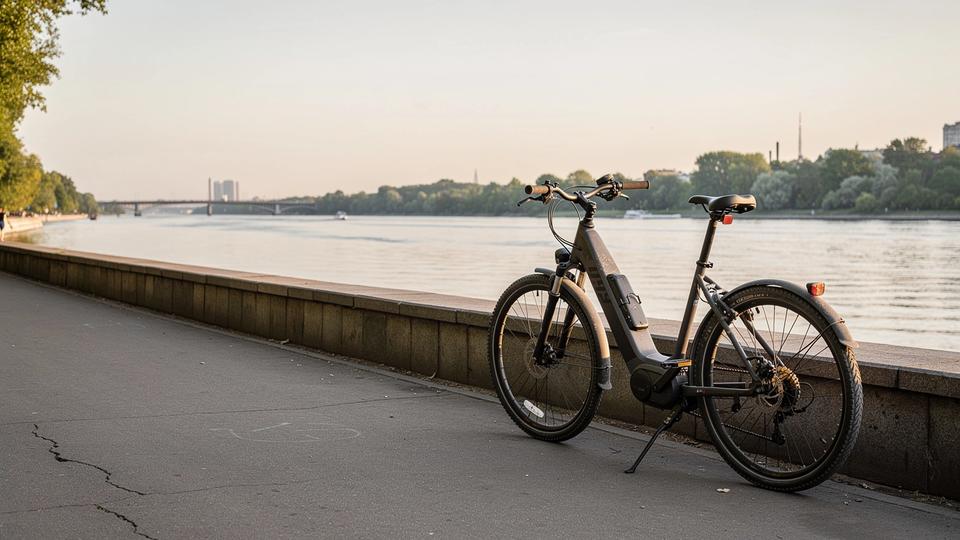 Electric bicycle parked beside a riverside path in Kyiv with the Dnipro in the background