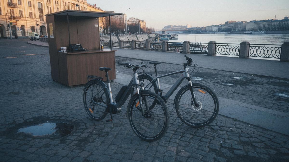 Two e-bikes parked beside the Poshtova Square pickup desk in morning light